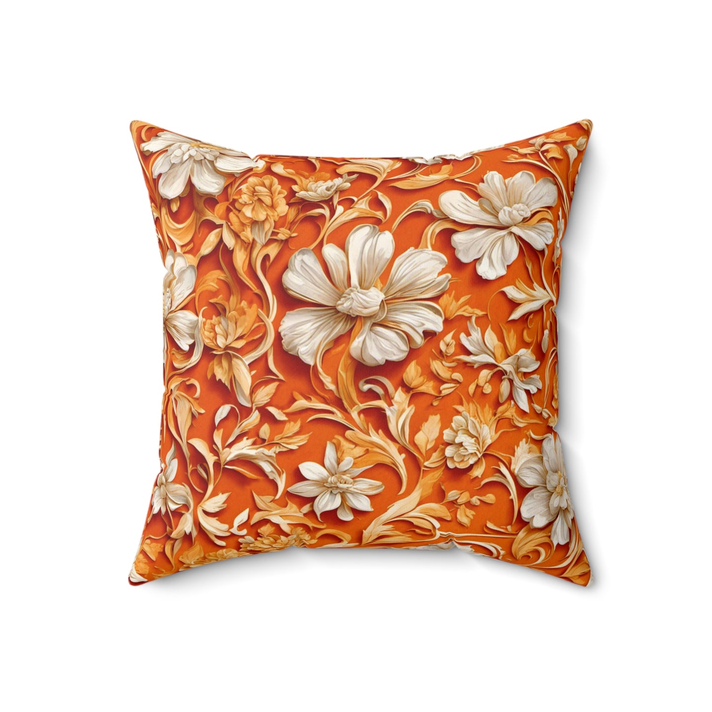 White Flowers on Apricot Polyester Square Pillow