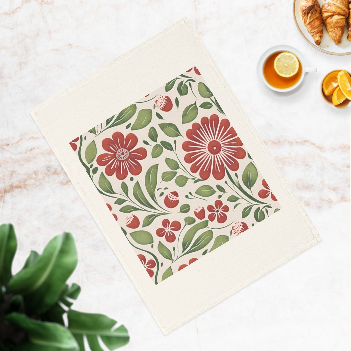 Strawberry Folk Art Flower, Cotton Tea Towel