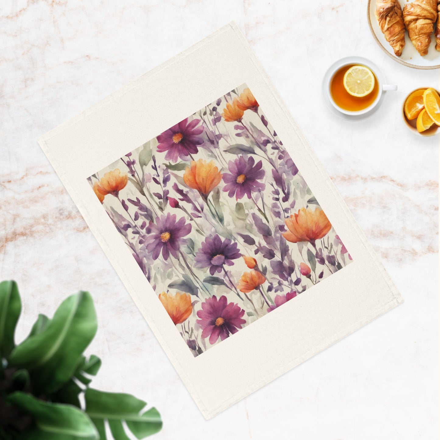 Plum and Apricot Wildflowers Cotton Tea Towel