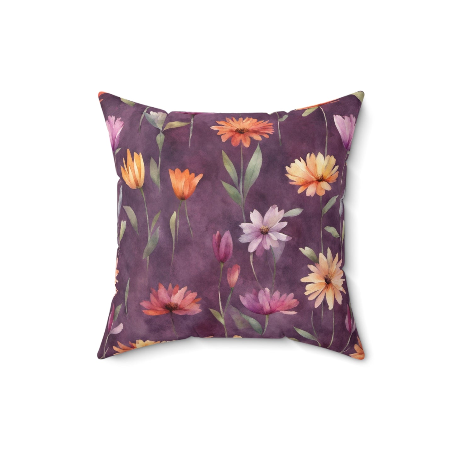 Wild Flowers on Plum Polyester Square Pillow