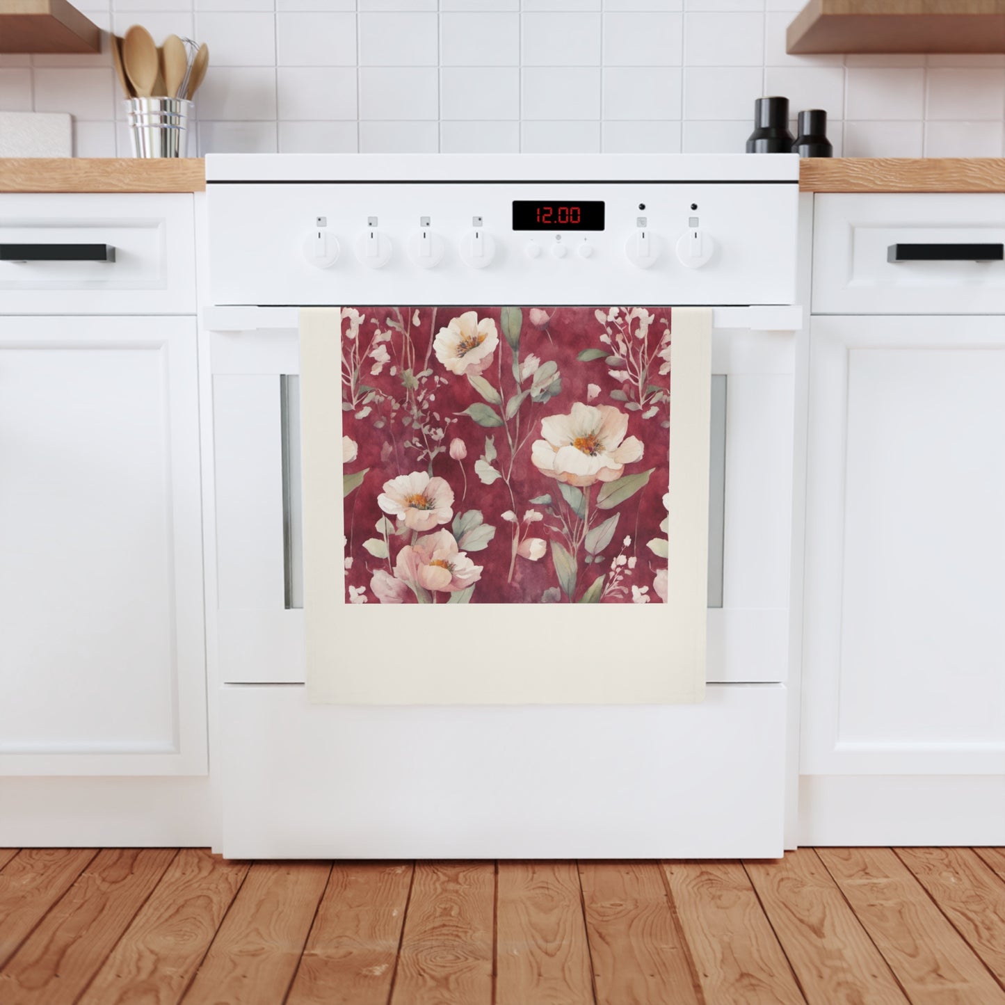 White Roses on Plum Red Cotton Tea Towel