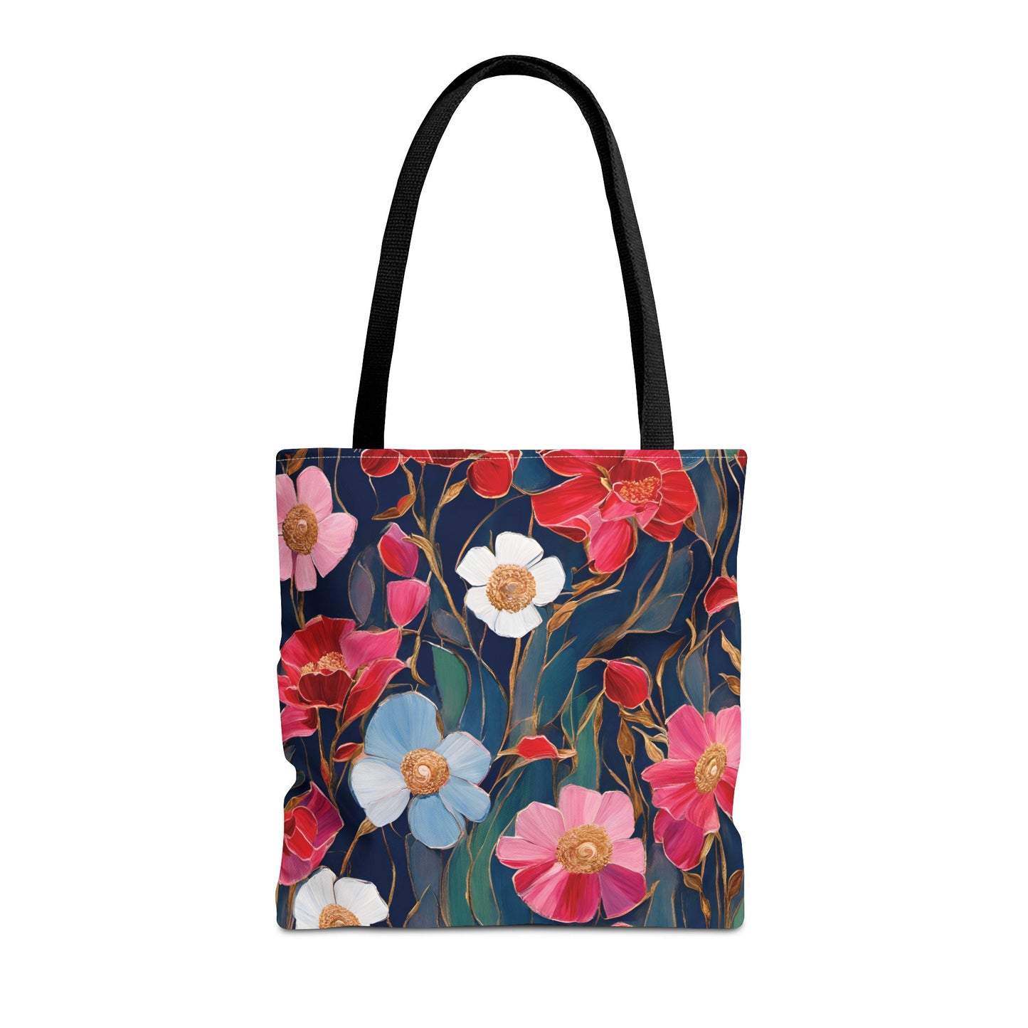 Red and Pink Poppies on Indigo, Tote Bag (AOP)