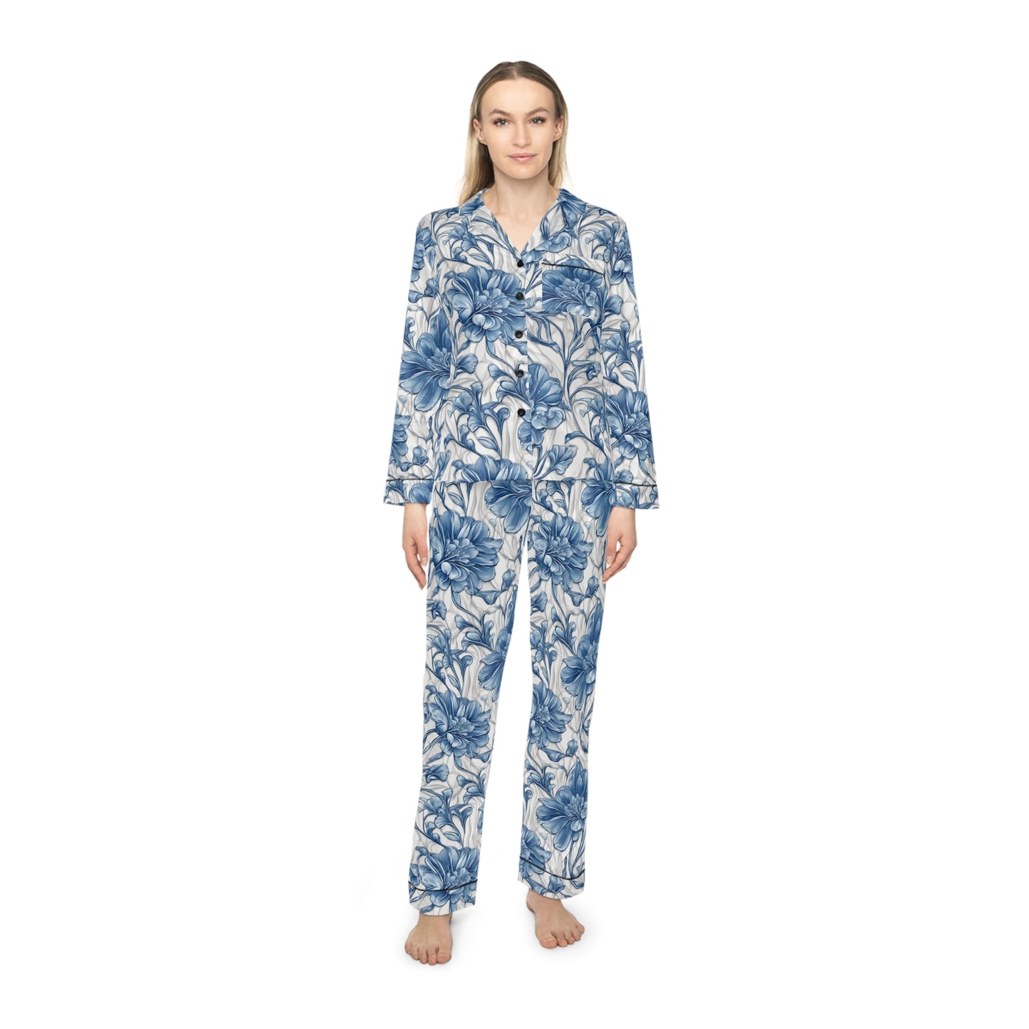 Blue & White Flowers Women's Satin Pajamas (AOP)