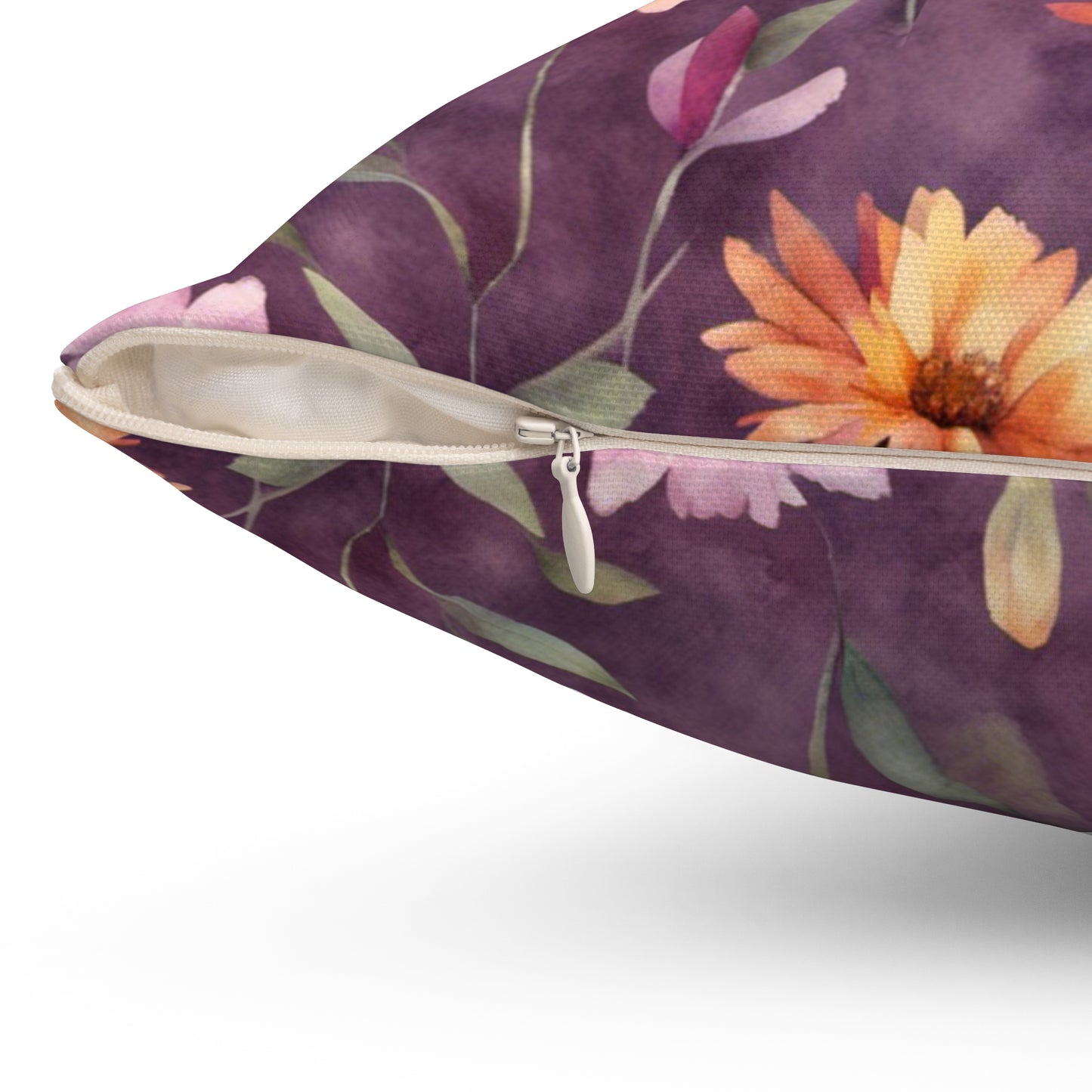 Wild Flowers on Plum Polyester Square Pillow