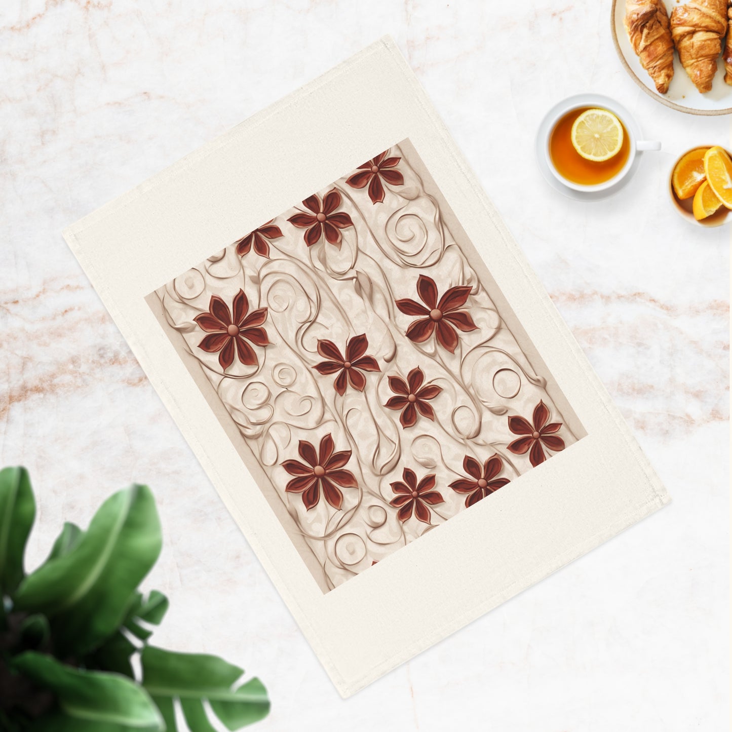 Little Russet Flowers on Cream, Cotton Tea Towel