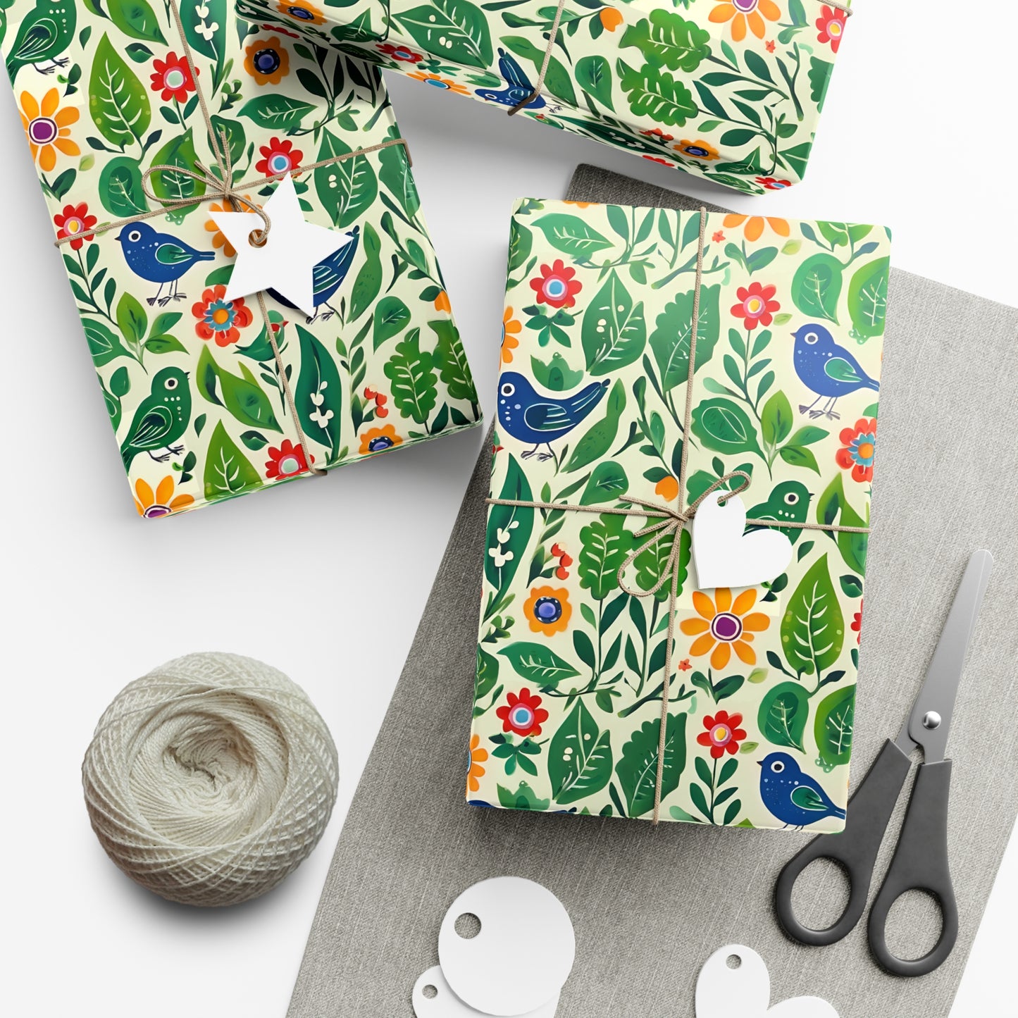 Bright Birds, Bright Green Leaves, Bright Flowers, Folk Art Gift Wrap Papers