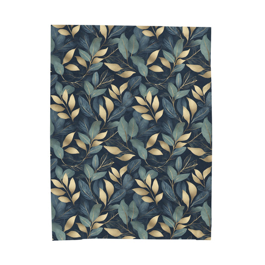 Green, Gold and Teal Leaves on Indigo Velveteen Plush Blanket