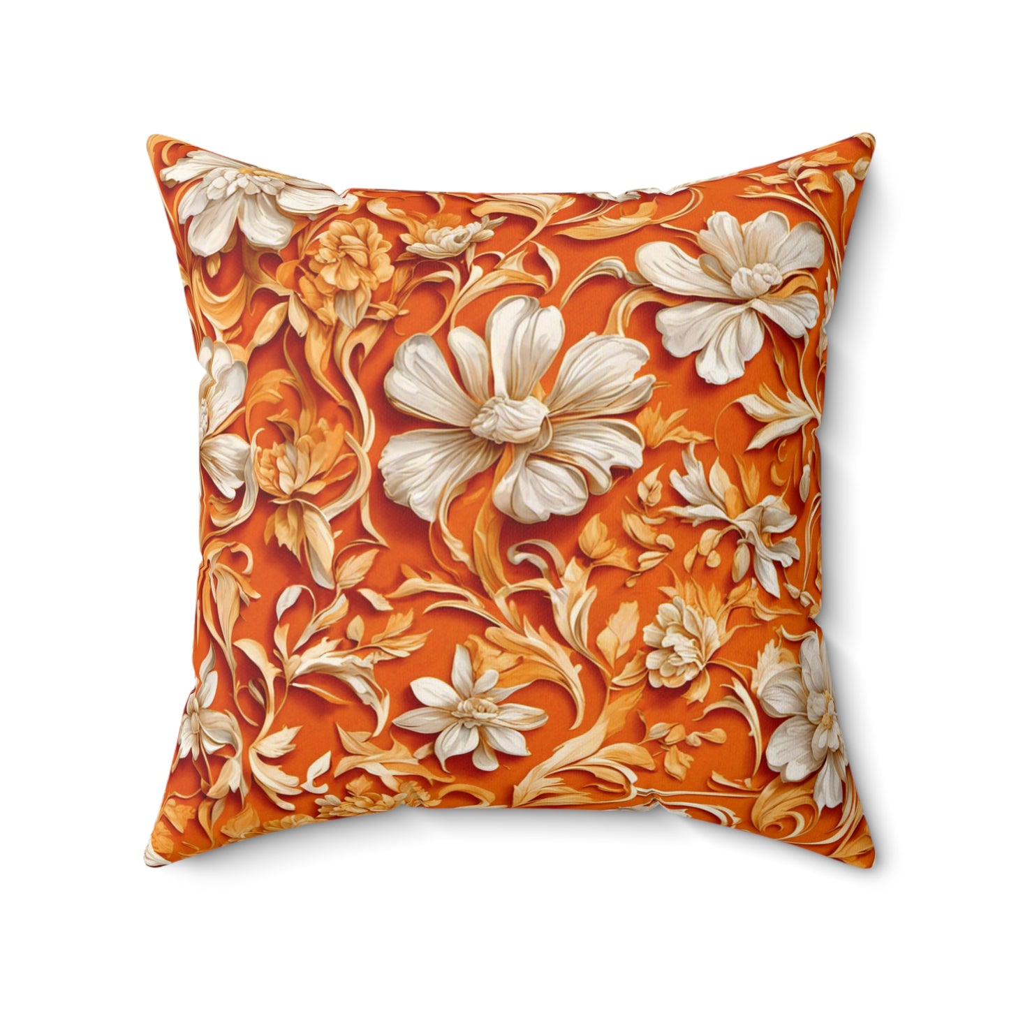 White Flowers on Apricot Polyester Square Pillow