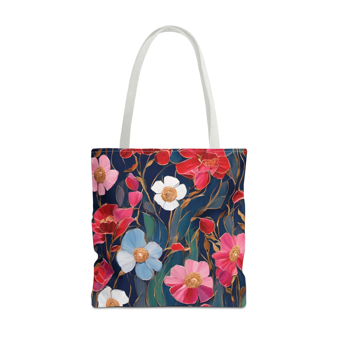 Red and Pink Poppies on Indigo, Tote Bag (AOP)