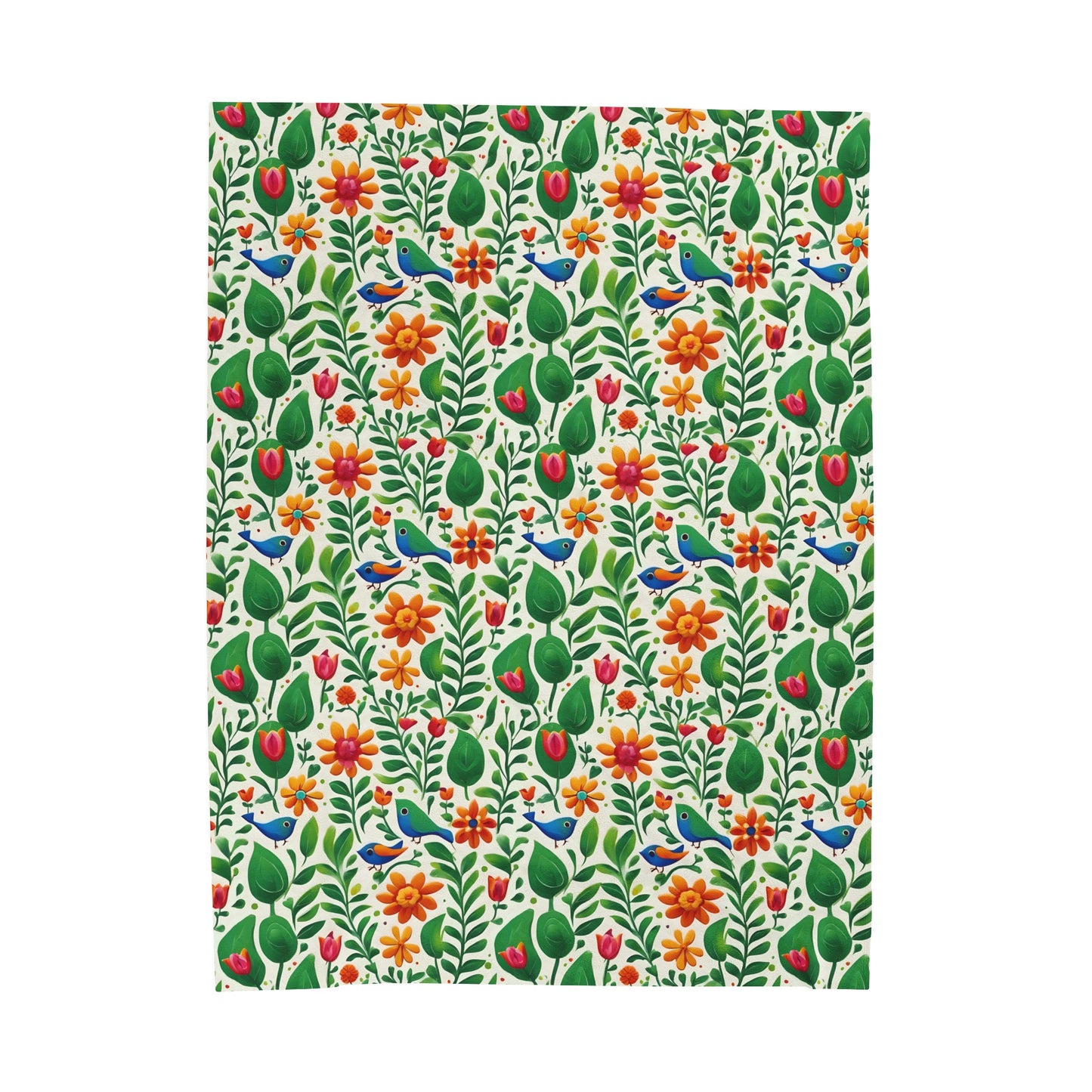 Bright Garden Birds, Leaves and Flowers Velveteen Plush Blanket