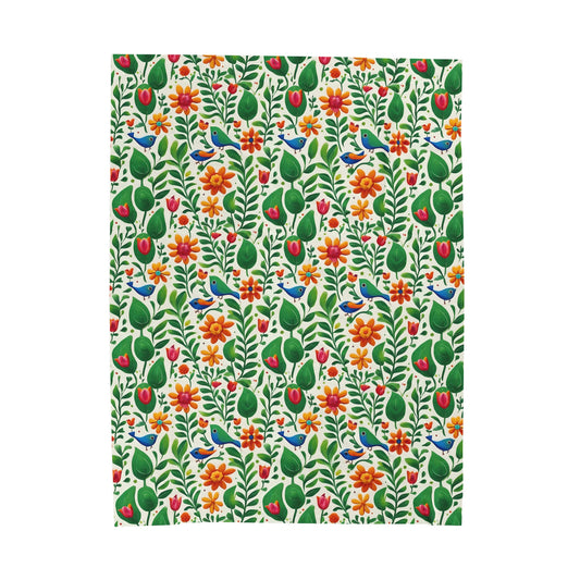 Bright Garden Birds, Leaves and Flowers Velveteen Plush Blanket