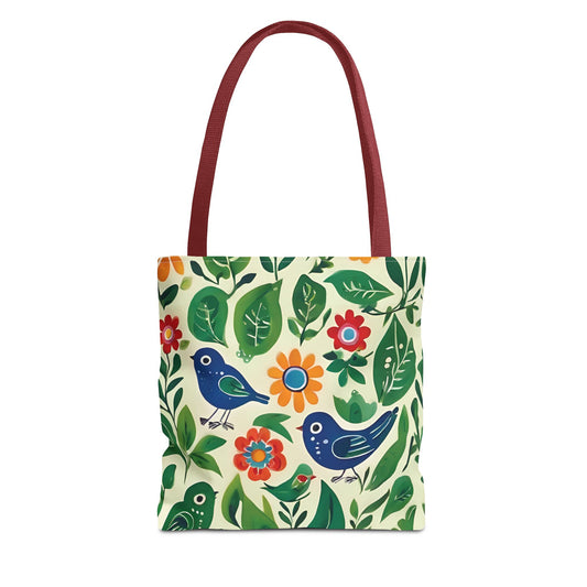 Bright Birds, Bright Green Leaves, Bright Flowers, Folk Art Tote Bag (AOP)