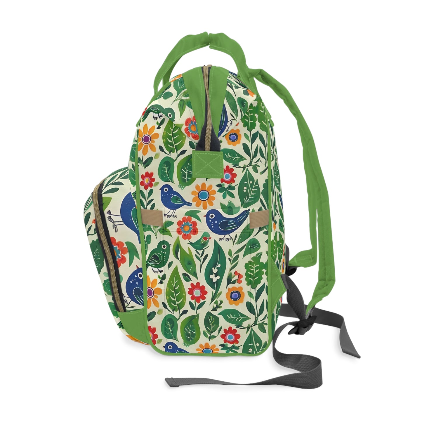 Bright Birds, Bright Green Leaves, Bright Flowers, Folk Art Multifunctional Diaper Backpack