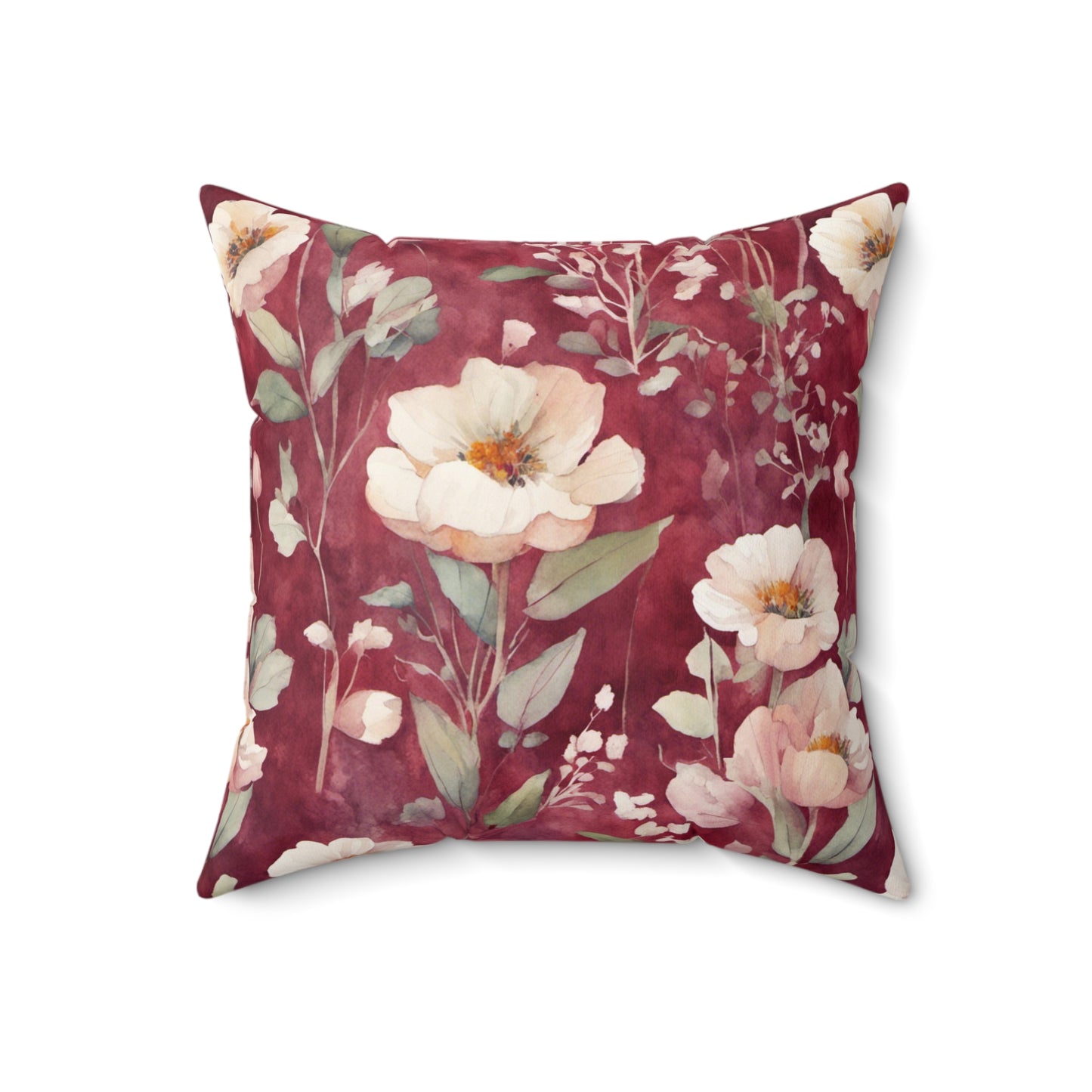 White Roses on Plum Red Polyester Square Pillow