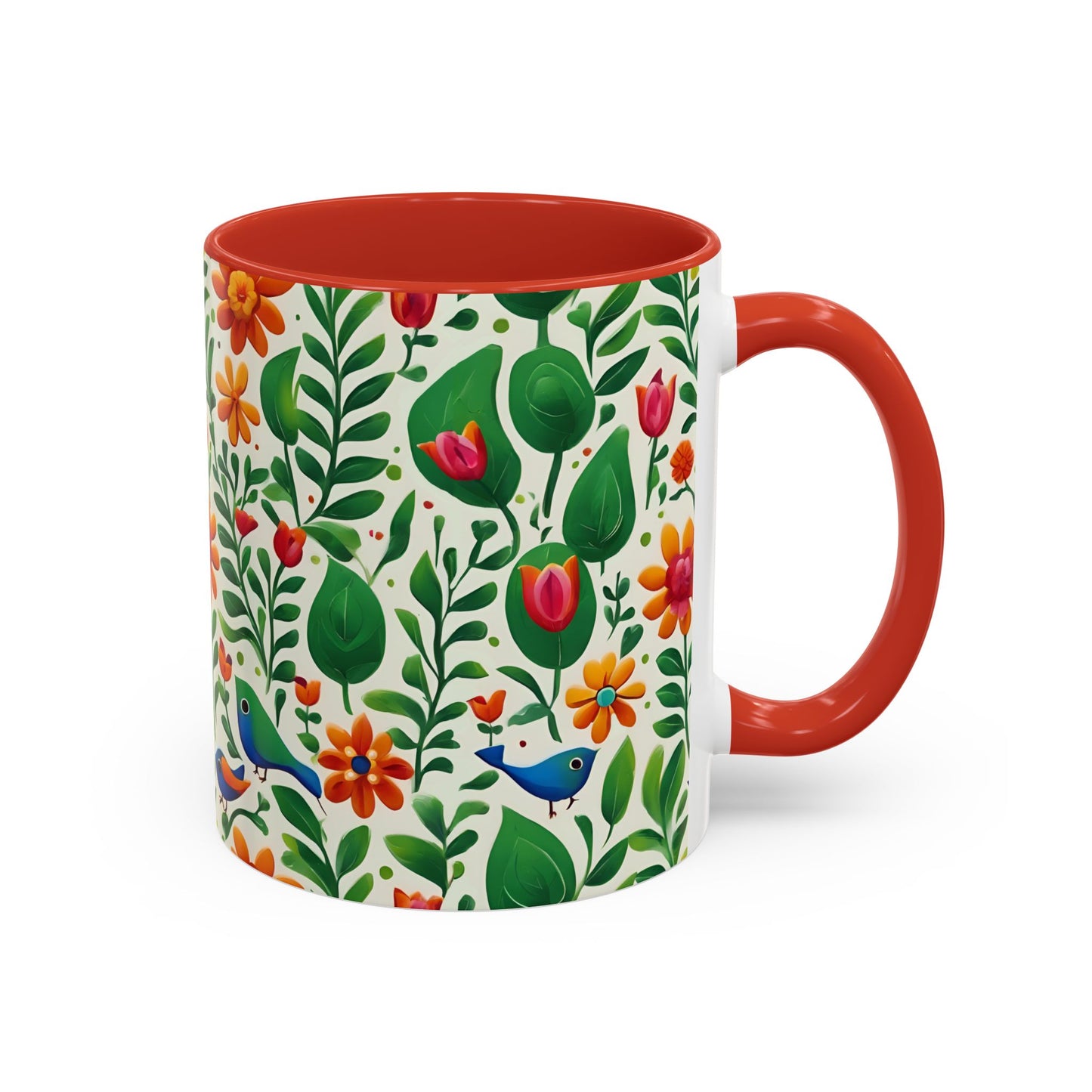 Bright Garden Birds, Leaves and Flowers Coffee Mug, 11oz