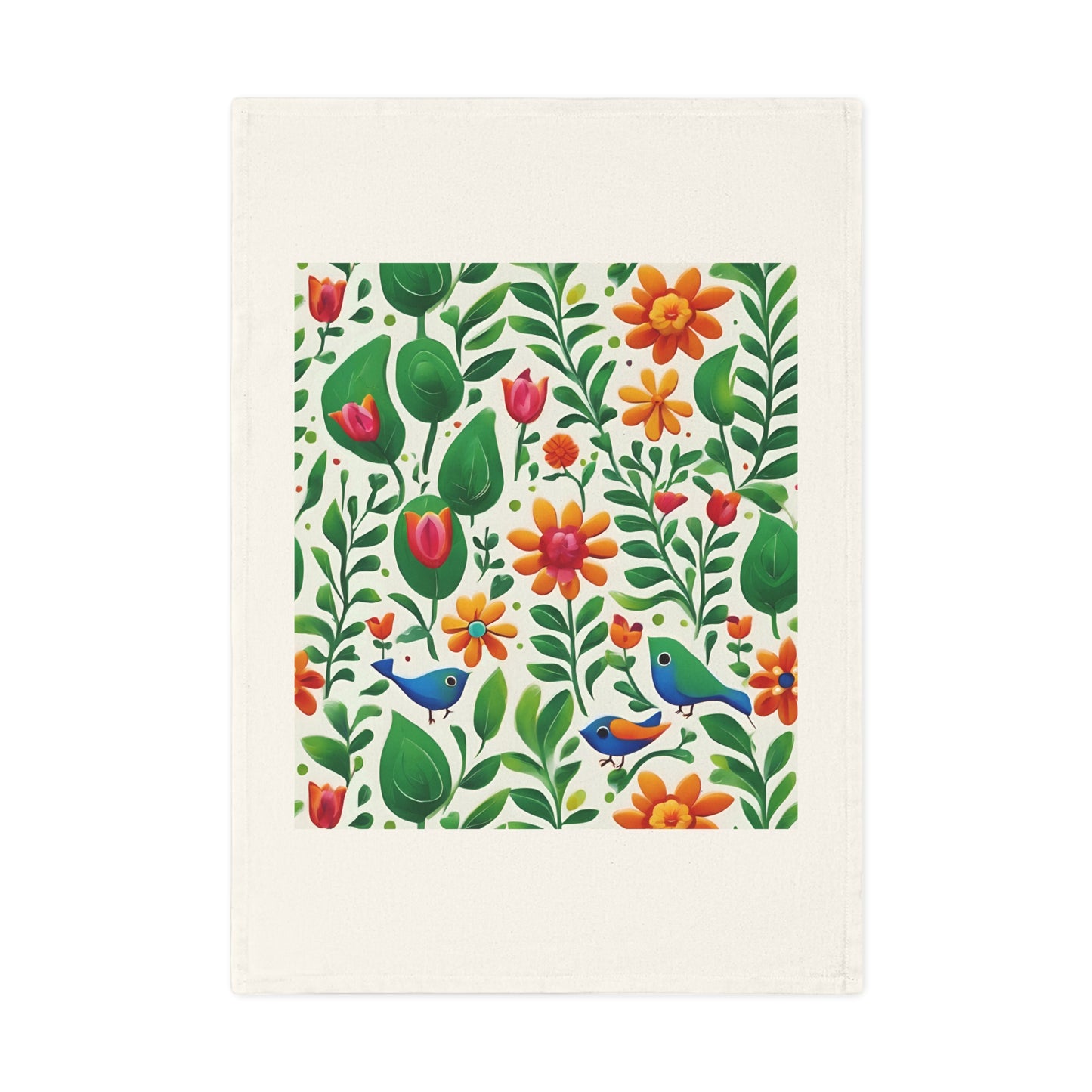 Bright Garden Birds, Leaves and Flowers Cotton Tea Towel