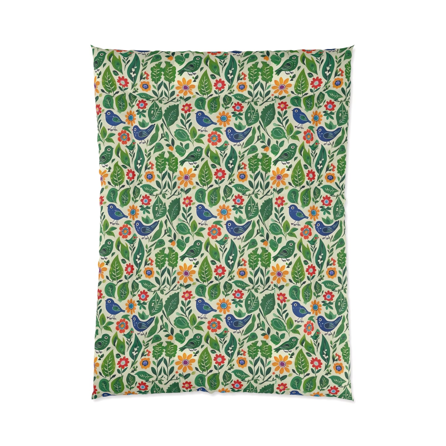 Bright Birds, Bright Green Leaves, Bright Flowers, Folk Art Comforter