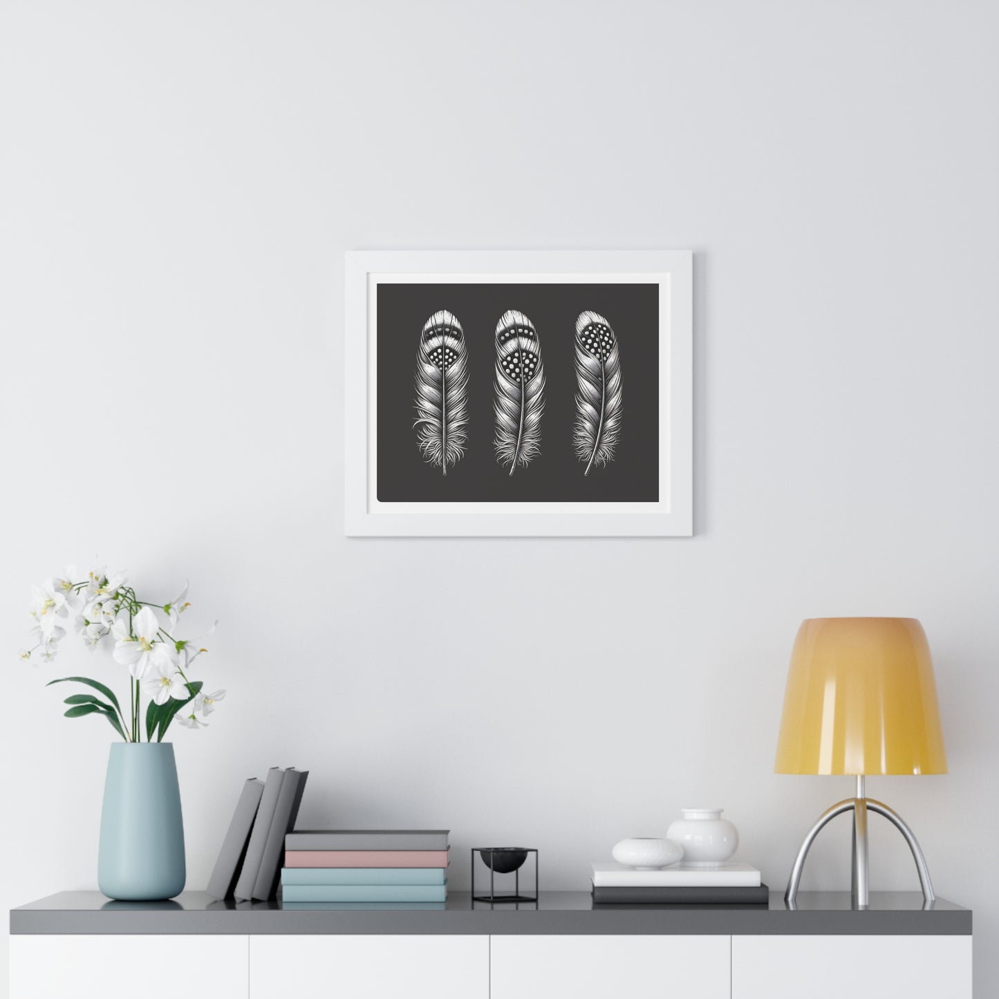 Black and White Speckled Feathers, Framed Horizontal Poster