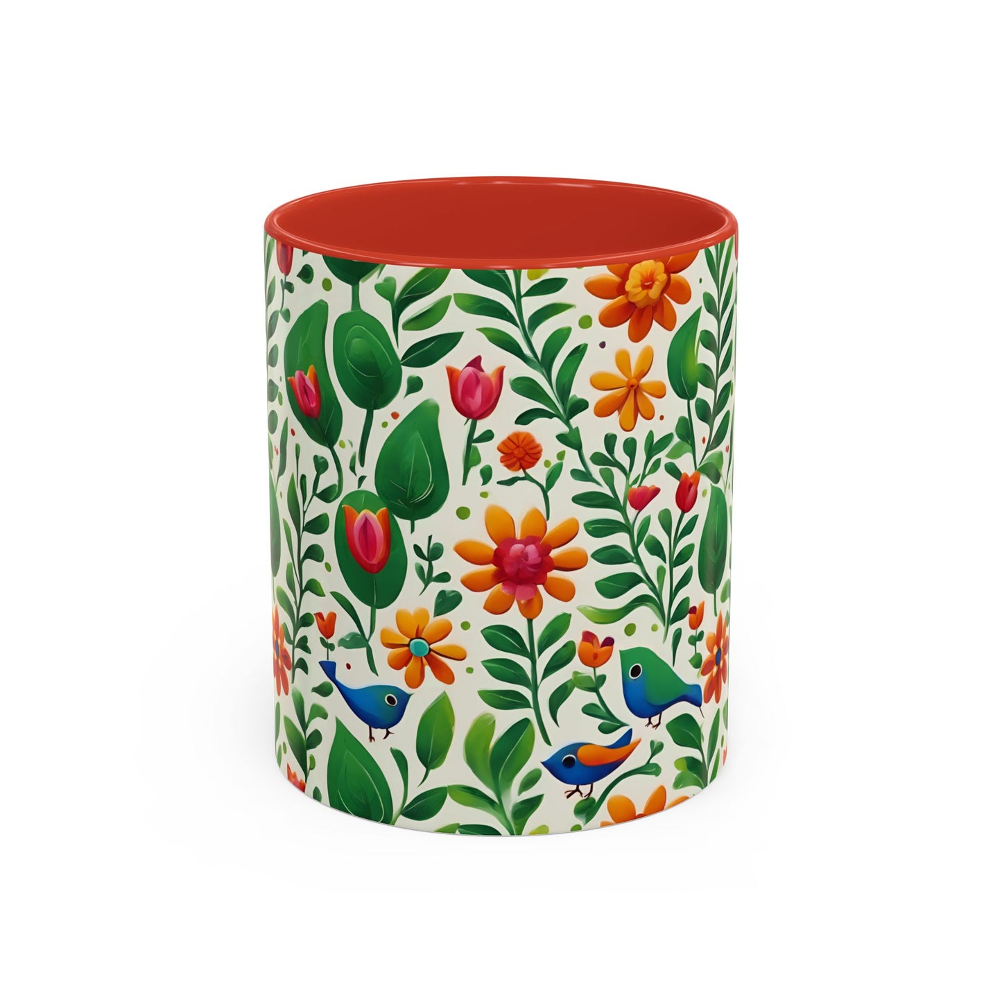 Bright Garden Birds, Leaves and Flowers Coffee Mug, 11oz