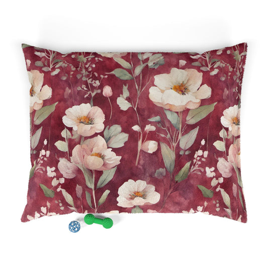 White Roses on Plum Red Pet Bed