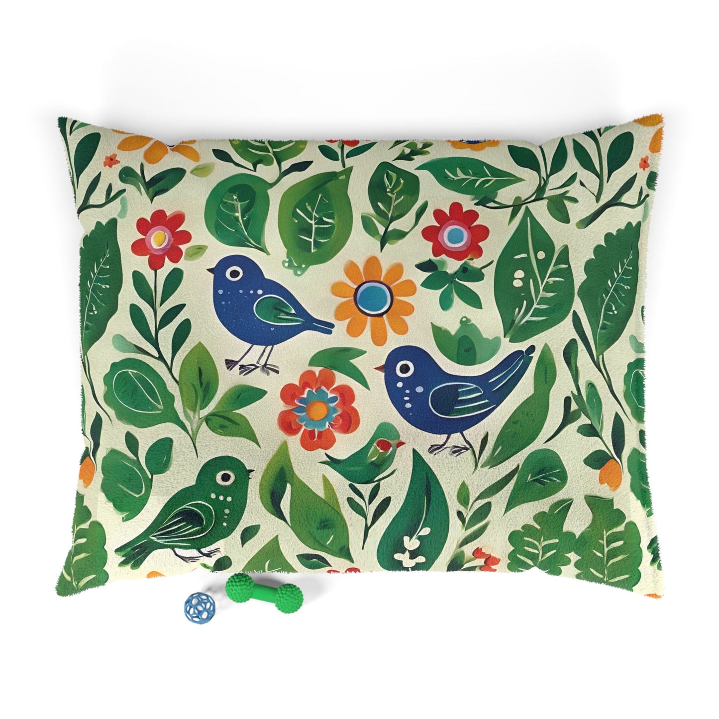 Bright Birds, Bright Green Leaves, Bright Flowers, Folk Art Puppy Mattress, Pet Bed.