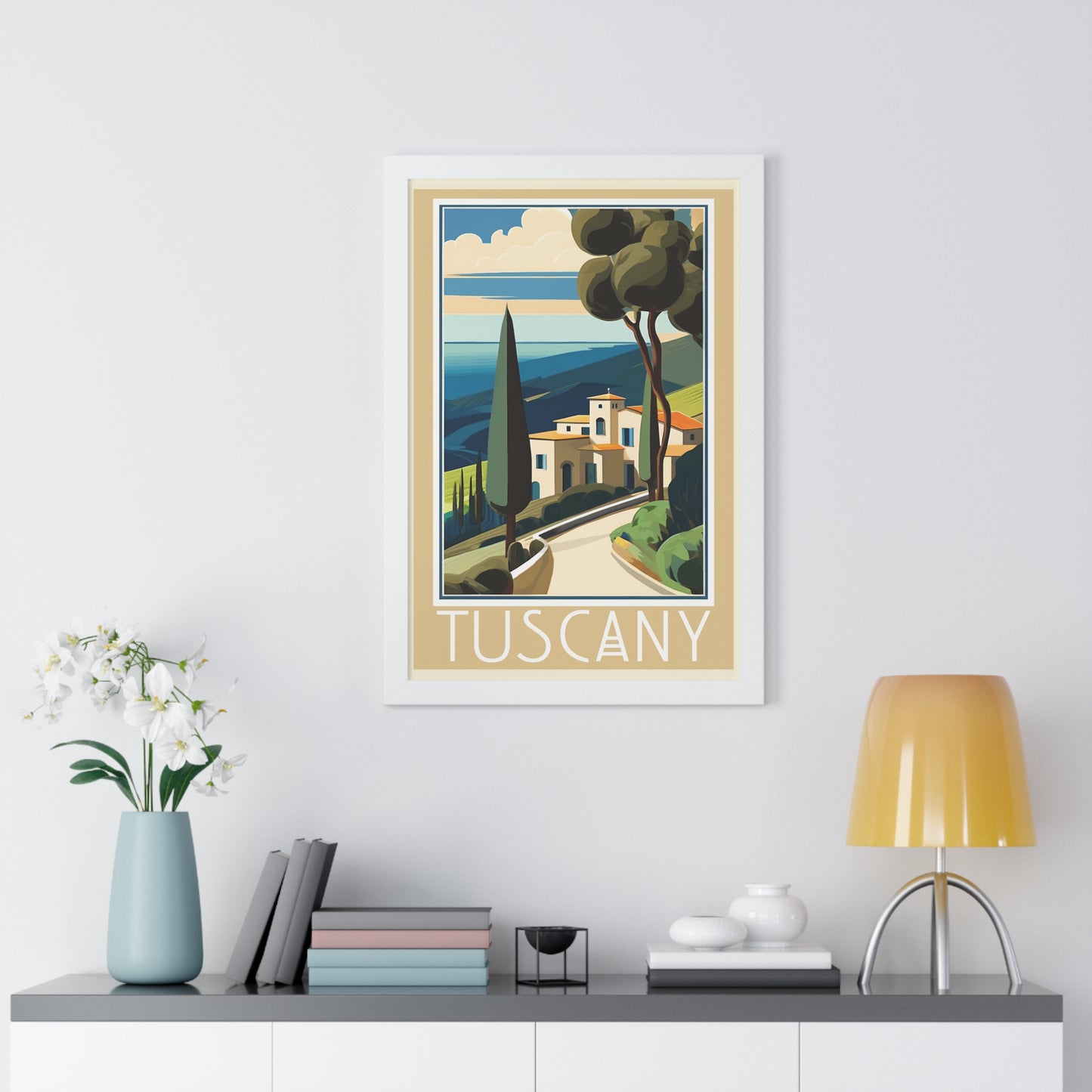 Tuscany Hillside, Italy Travel Poster, Art-Deco, Framed Vertical Poster