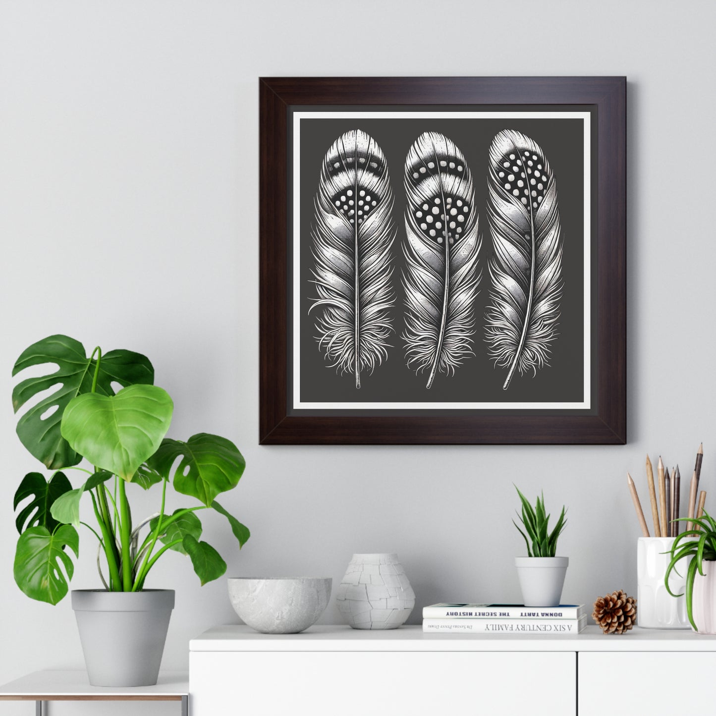 Black and White Speckled Feathers, Framed Square Poster