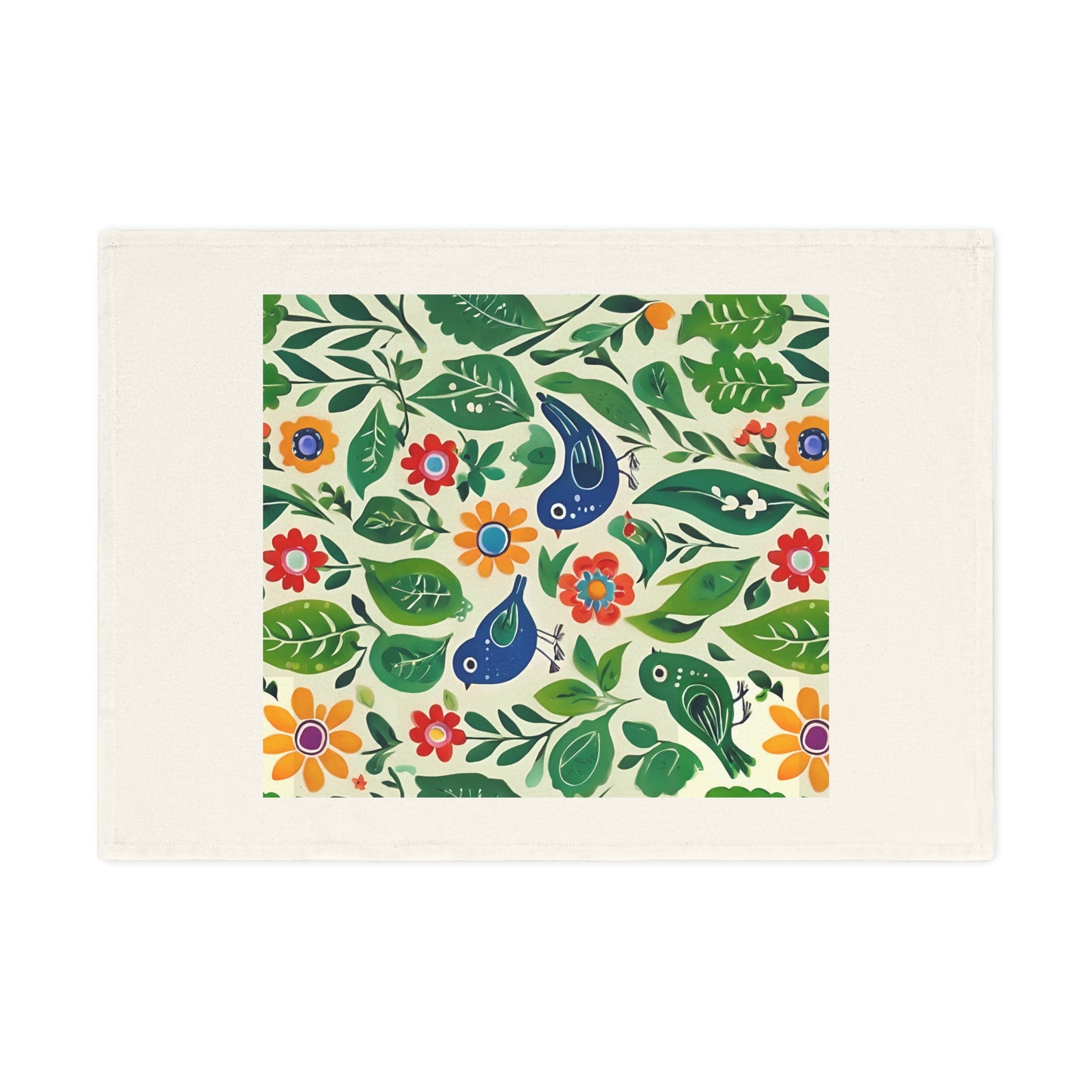 Bright Birds, Bright Green Leaves, Bright Flowers, Folk Art Cotton Tea Towel