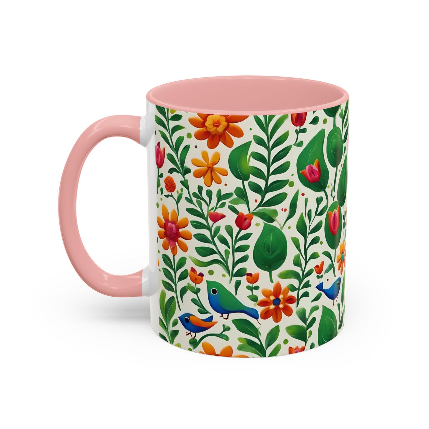 Bright Garden Birds, Leaves and Flowers Coffee Mug, 11oz