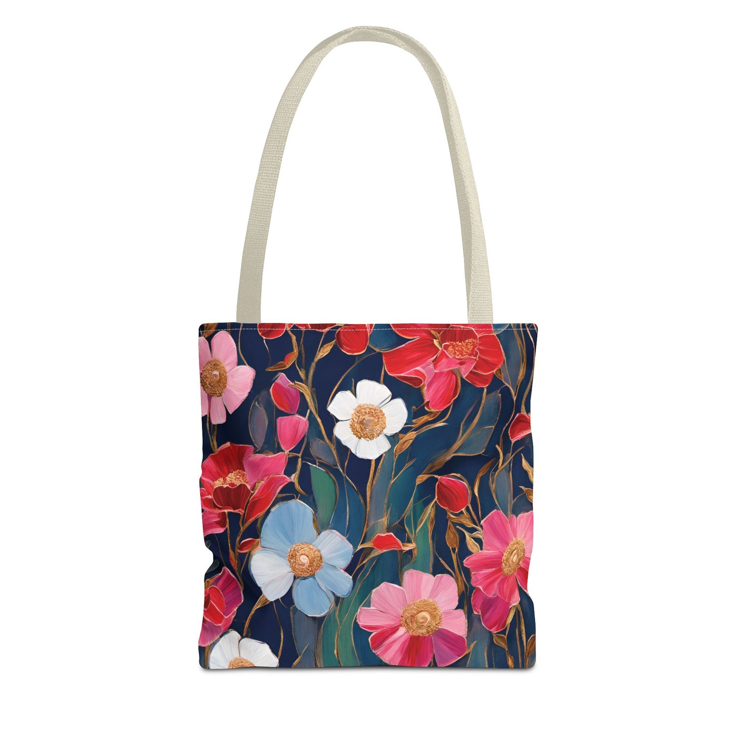 Red and Pink Poppies on Indigo, Tote Bag (AOP)