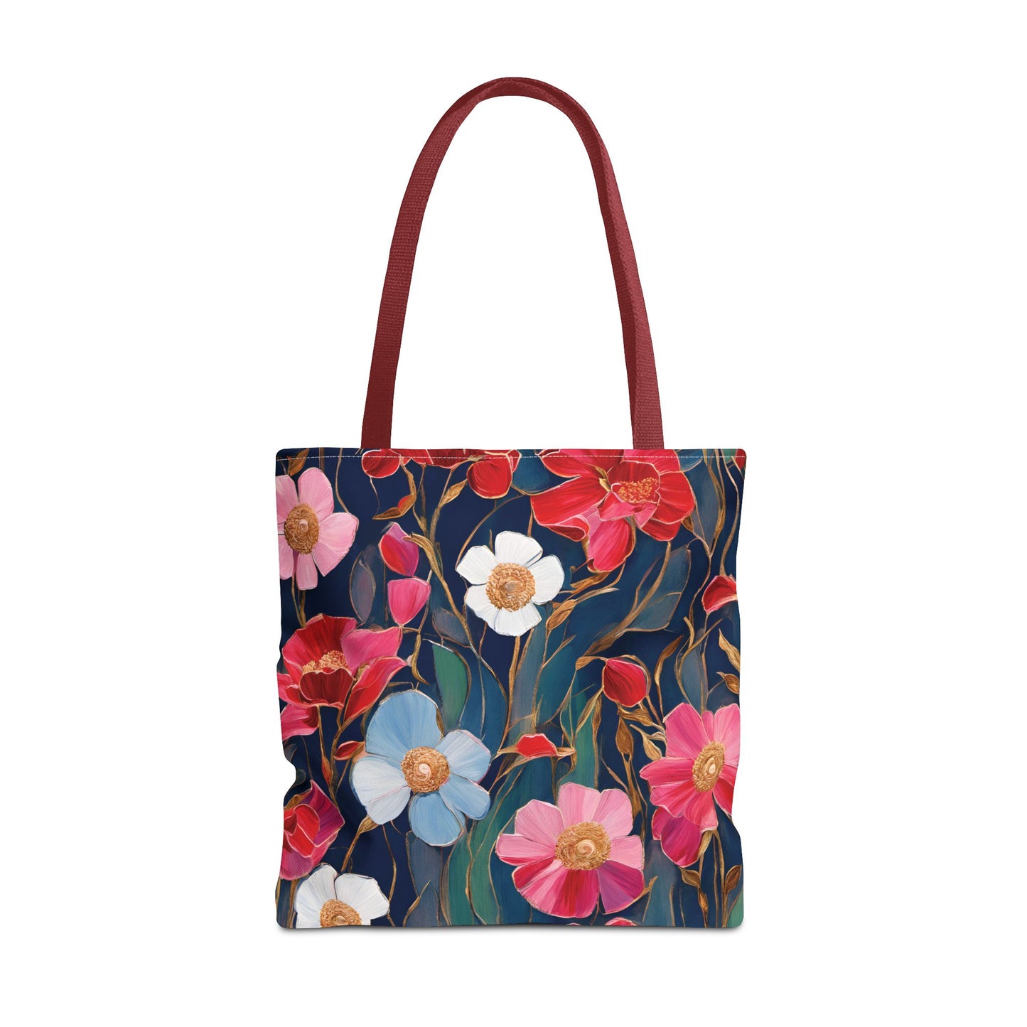 Red and Pink Poppies on Indigo, Tote Bag (AOP)