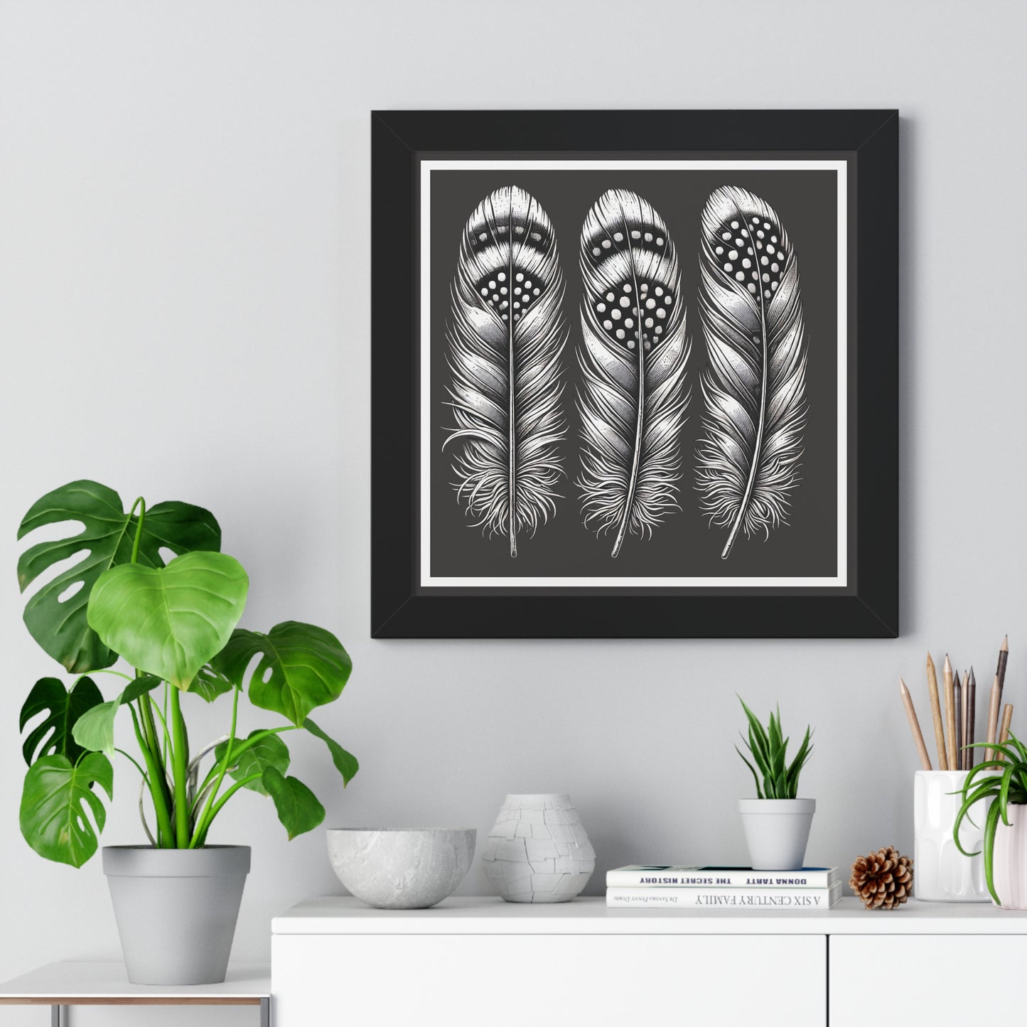 Black and White Speckled Feathers, Framed Square Poster