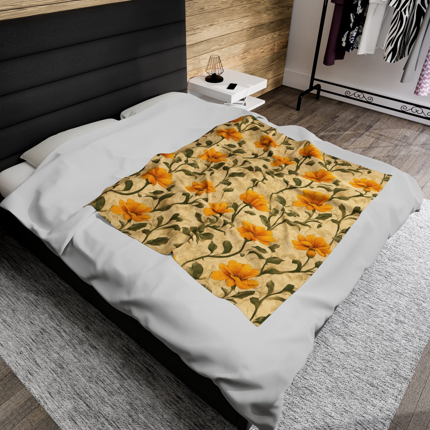 Gold Flowers Velveteen Plush Blanket