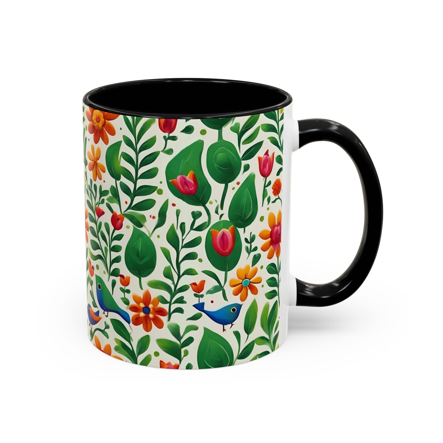 Bright Garden Birds, Leaves and Flowers Coffee Mug, 11oz