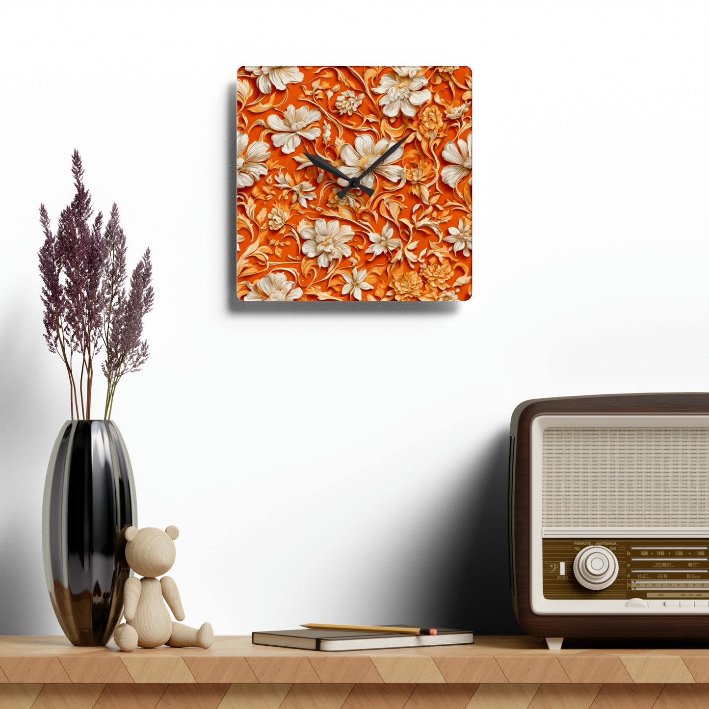 White Flowers on Apricot Acrylic Wall Clock