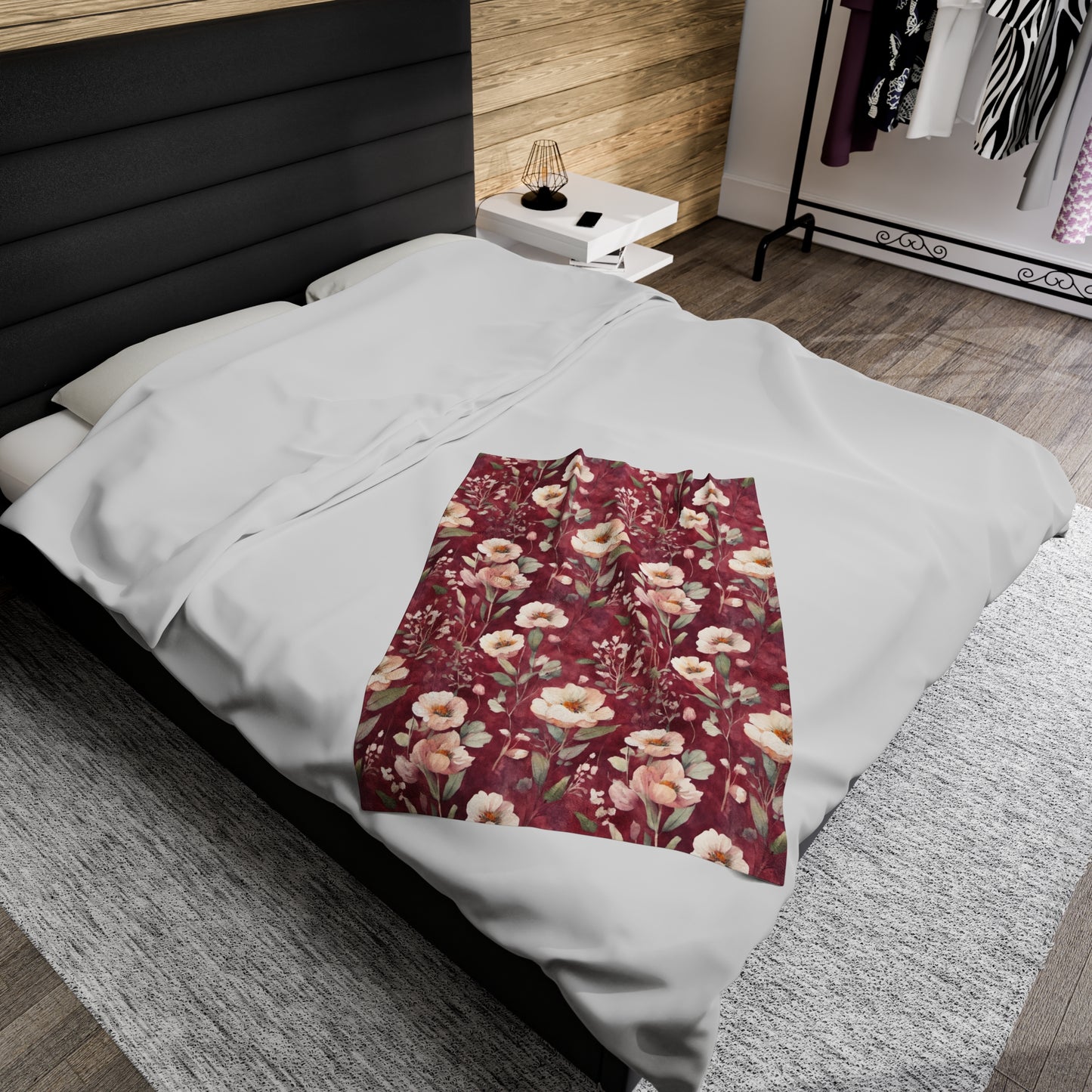 White Roses on Plum Red Velveteen Plush Blanket