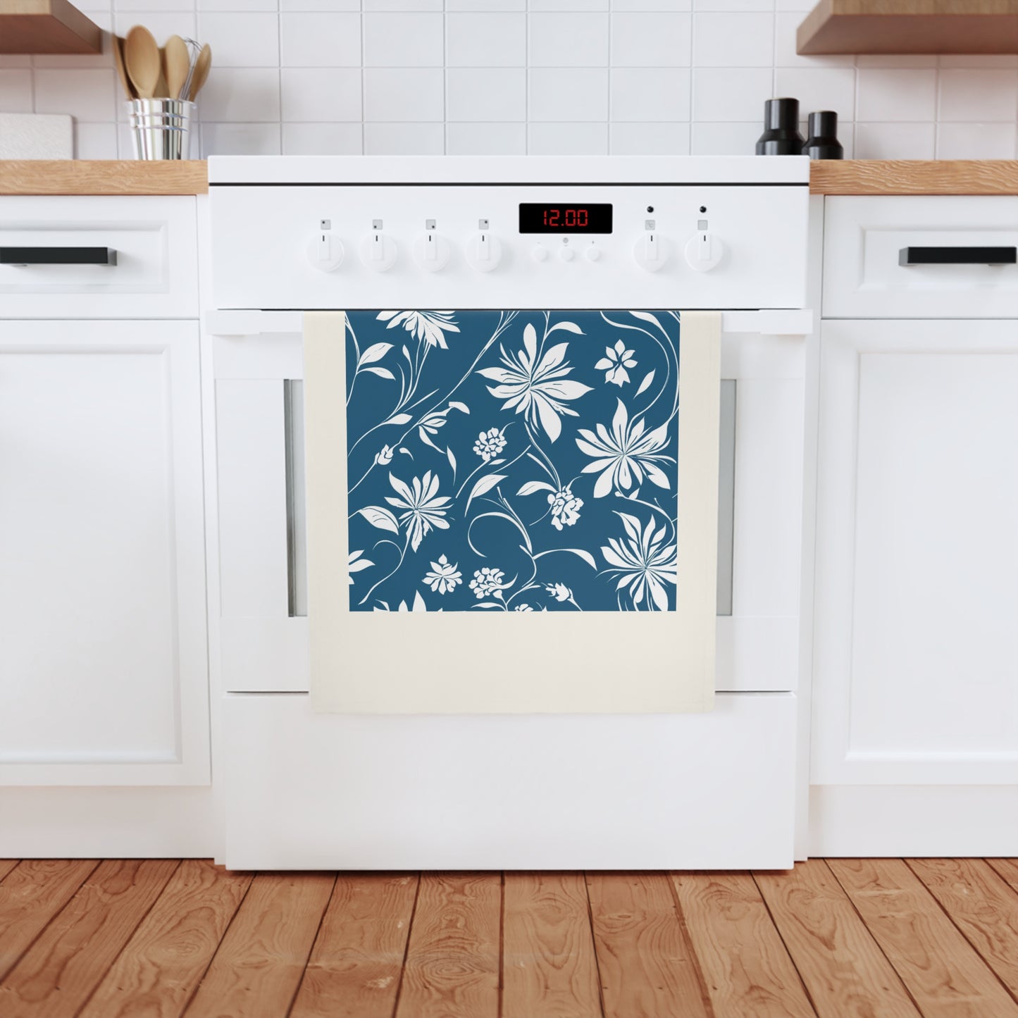 Simple White Flower on Dark Teal Pattern Cotton Tea Towel