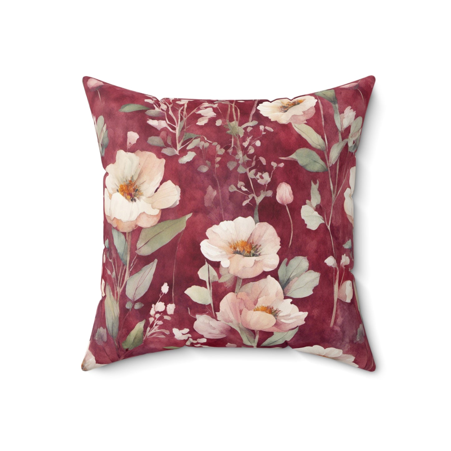 White Roses on Plum Red Polyester Square Pillow