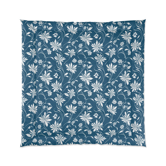 Simple White Flower on Dark Teal Pattern Comforter