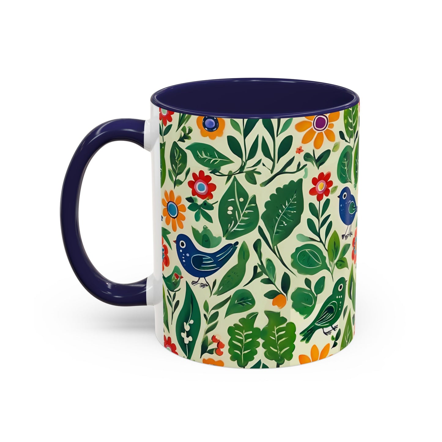 Bright Birds, Bright Green Leaves, Bright Flowers, Folk Art Coffee Mug, 11oz