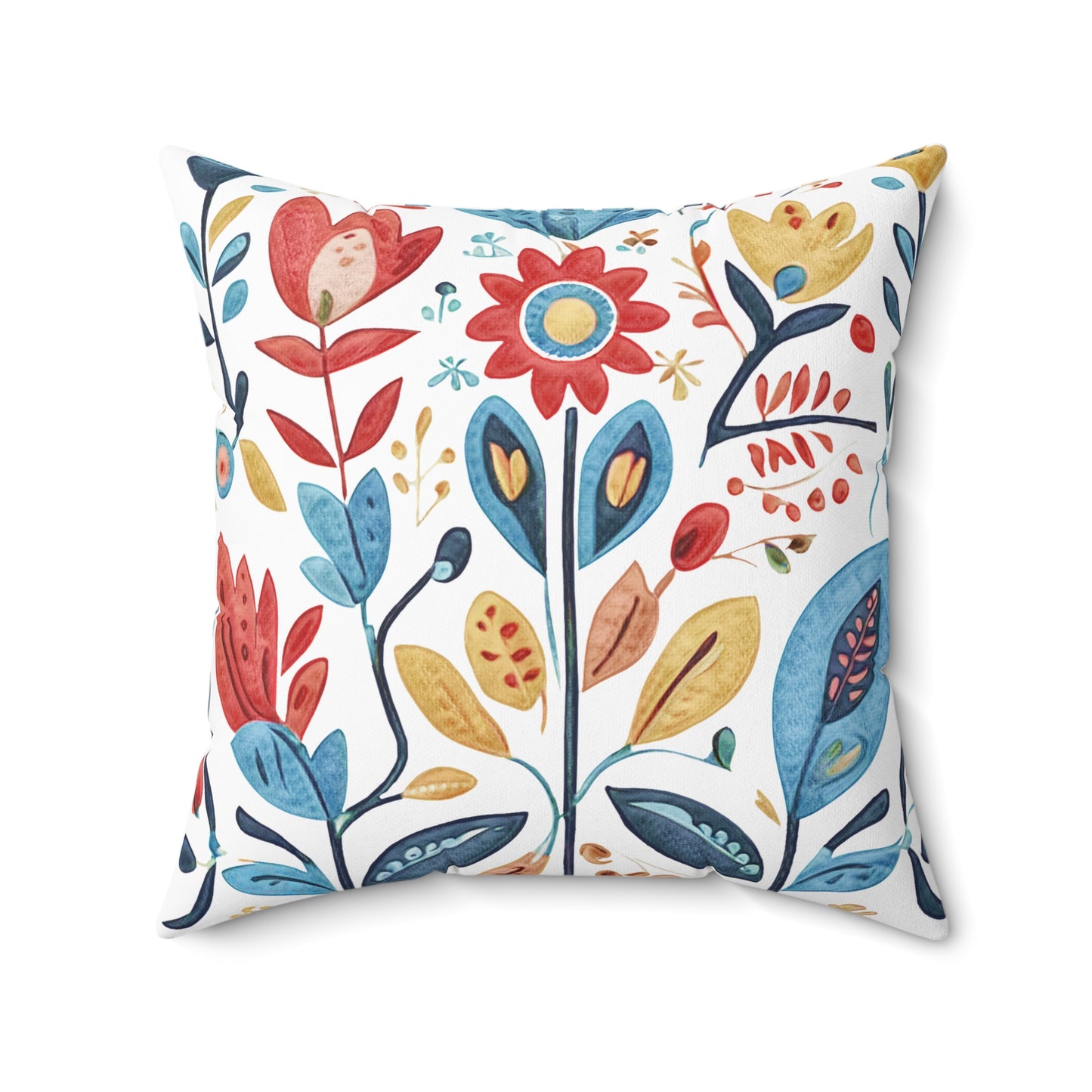 Bright and Colourful Folk Art Flowers, Polyester Square Pillow