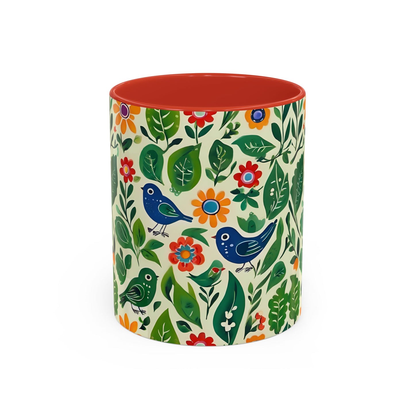 Bright Birds, Bright Green Leaves, Bright Flowers, Folk Art Coffee Mug, 11oz