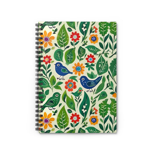 Bright Birds, Bright Green Leaves, Bright Flowers, Folk Art Spiral Notebook - Ruled Line