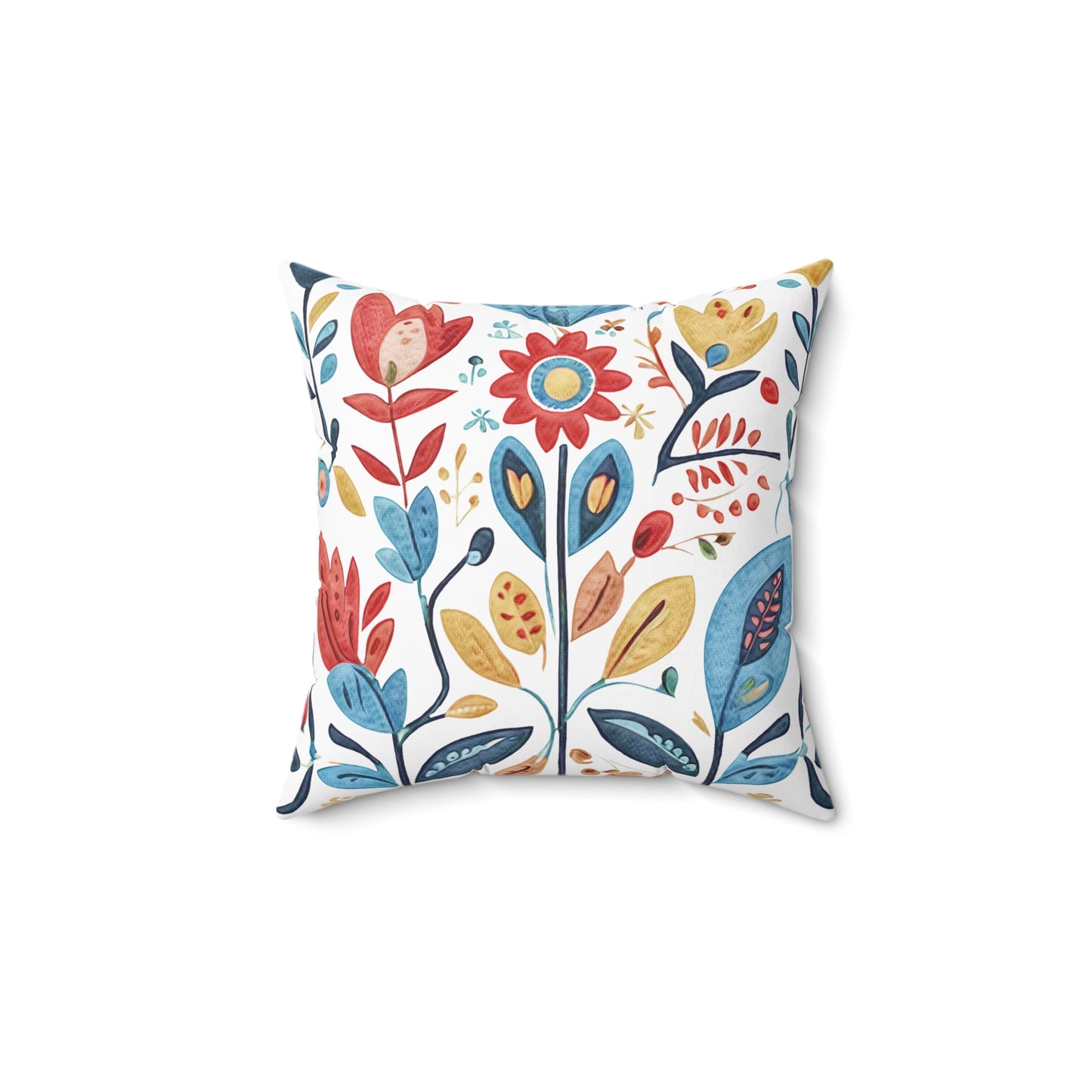 Bright and Colourful Folk Art Flowers, Polyester Square Pillow