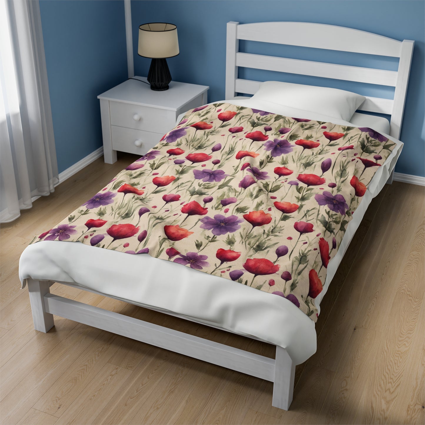 Poppies and Plum Flowers Velveteen Plush Blanket