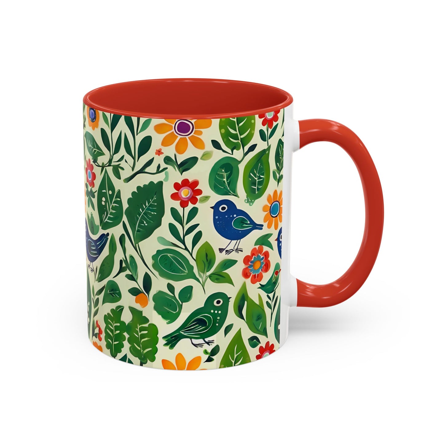 Bright Birds, Bright Green Leaves, Bright Flowers, Folk Art Coffee Mug, 11oz