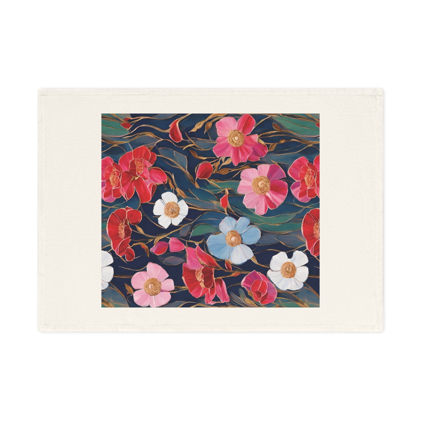 Red and Pink Poppies on Indigo, Cotton Tea Towel