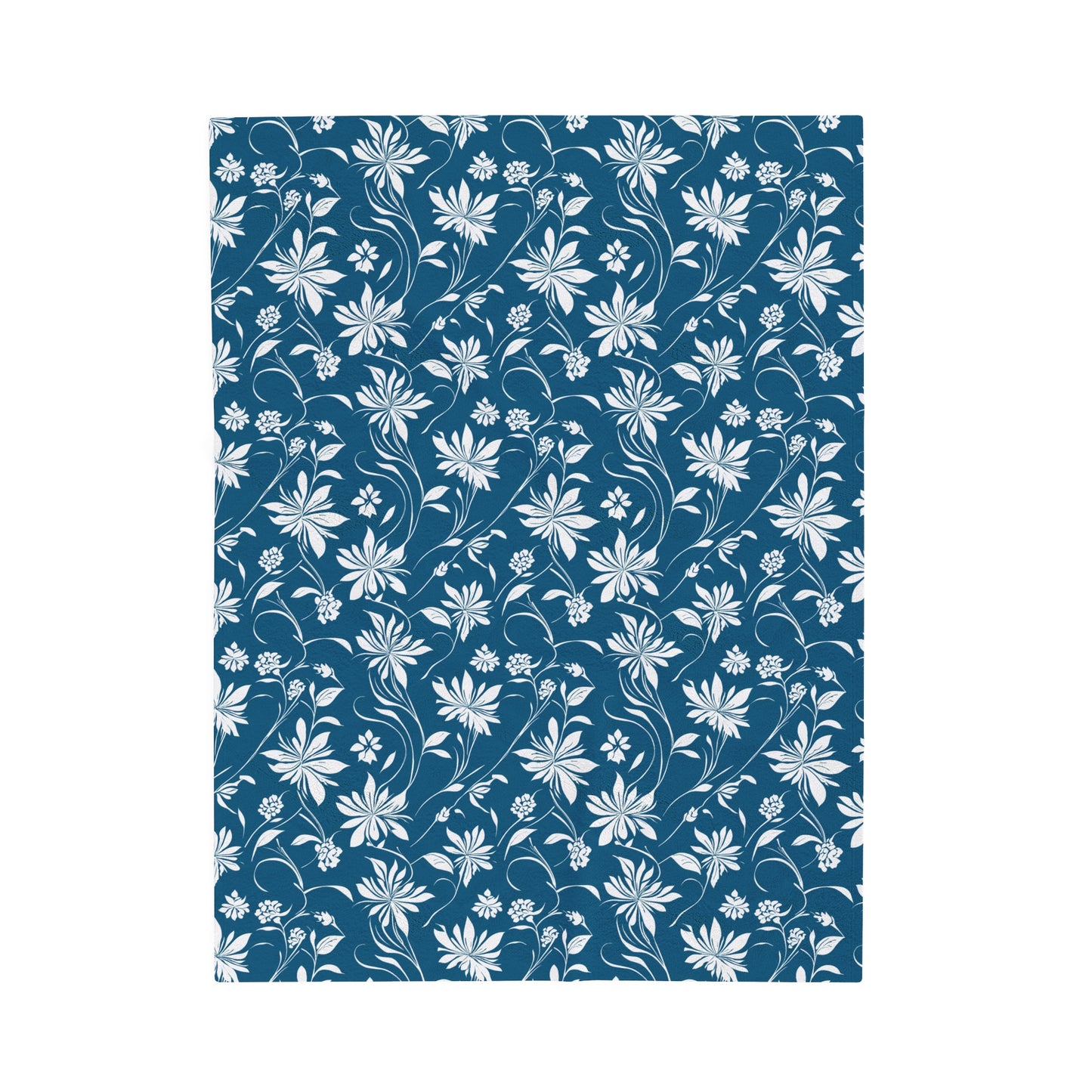 Simple White Flower on Dark Teal Pattern Velveteen Plush Blanket