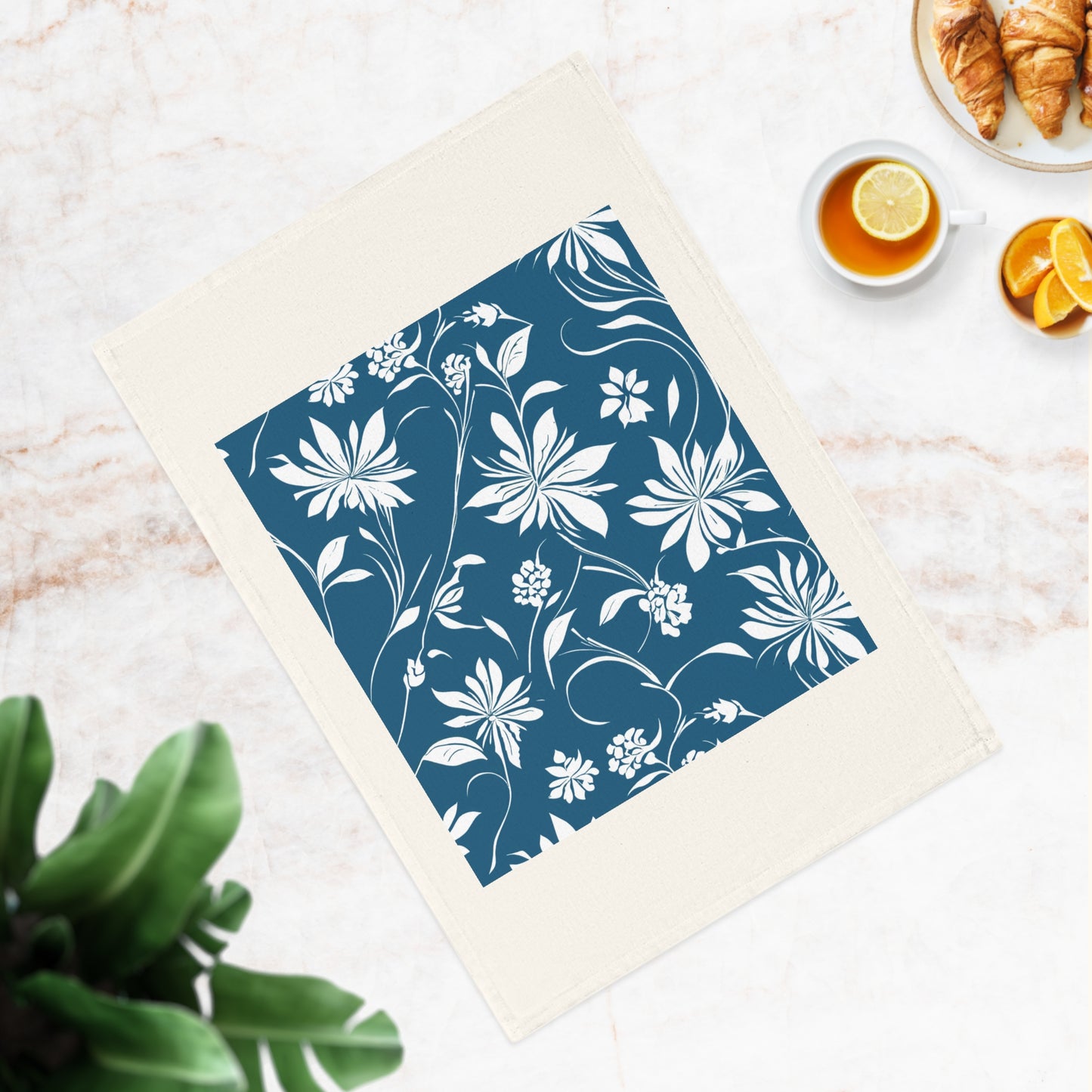 Simple White Flower on Dark Teal Pattern Cotton Tea Towel