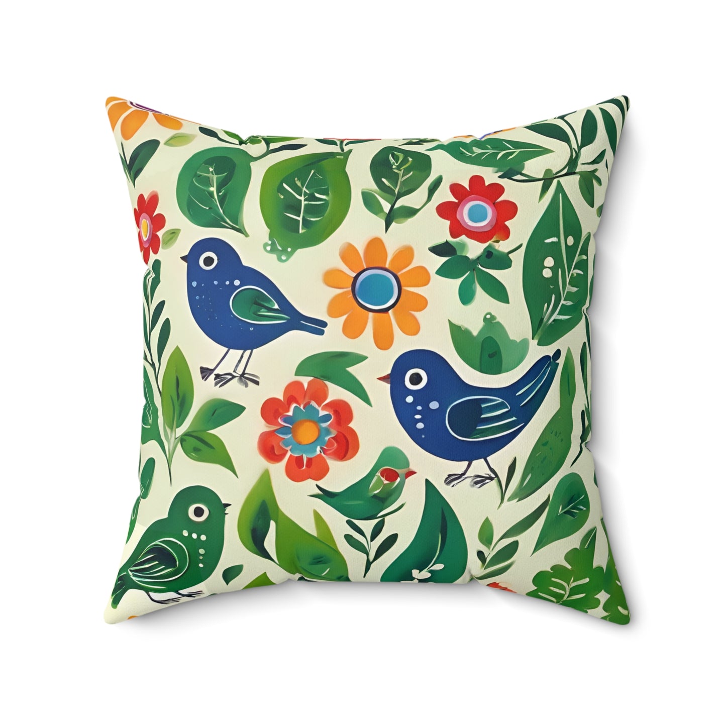 Bright Birds, Bright Green Leaves, Bright Flowers, Folk Art Polyester Square Pillow